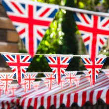 Union,Jack,Flag,Triangular,Bunting,Hanging,In,A,Street,,A