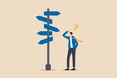 Business decision making, career path, work direction or choose the right way to success concept, confusing businessman looking at multiple road sign with question mark and thinking which way to go.