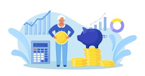 Elderly,Woman,Standing,Near,Stack,Of,Money,,Piggy,Bank,Holding