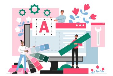 Concept,Of,Rebranding.,Man,And,Woman,Choose,Font,And,Colors