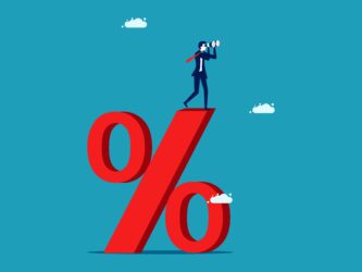 Percentage,Concept.,Businessman,Looking,Through,A,Telescope,Standing,On,A