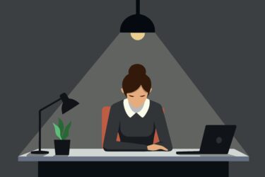 Burnout,Concept,Illustration,With,Exhausted,Female,Office,Worker,Sitting,At