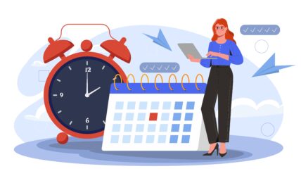 Time,Management,Woman.,Young,Girl,Near,Huge,Clock,And,Calendar.