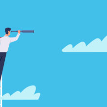 Business,Vision.,Cartoon,Businessman,Stands,On,Ladder,In,Clouds,With