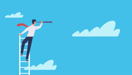Business,Vision.,Cartoon,Businessman,Stands,On,Ladder,In,Clouds,With