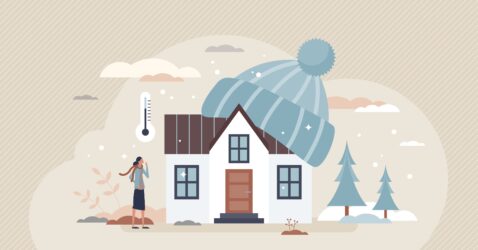 Home,Heating,With,Temperature,Warming,And,Insulation,Tiny,Person,Concept.