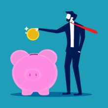 Save,Money.,Businessman,Put,Money,In,A,Piggy,Bank.,Vector