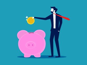 Save,Money.,Businessman,Put,Money,In,A,Piggy,Bank.,Vector