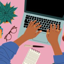 Female,Hands,Working,On,Laptop.,Glasses,,Pen,,Coffee,Cup,,House