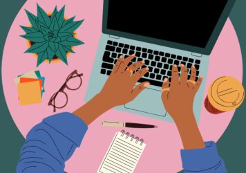 Female,Hands,Working,On,Laptop.,Glasses,,Pen,,Coffee,Cup,,House