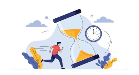 Man,Racing,Against,Giant,Hourglass,With,Sand,Falling,And,Clock