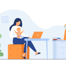 New,Mom,Working,At,Home.,Working,Mother,Holding,Baby,In