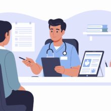 Doctor,Consulting,Patient,With,Medical,Records,And,Tablet,Illust