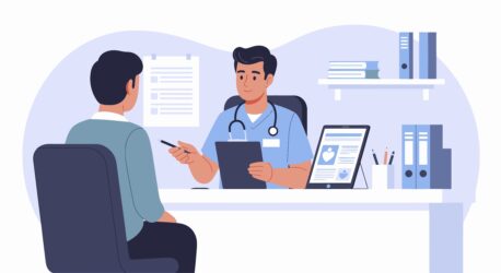 Doctor,Consulting,Patient,With,Medical,Records,And,Tablet,Illust