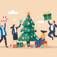 Office,Holiday,Party,Illustration,With,Employees,Decorating,A,Christmas,Tree,