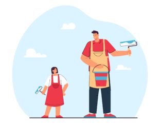 Cartoon,Father,And,Daughter,Holding,Paint,Rollers,And,Bucket.,Man